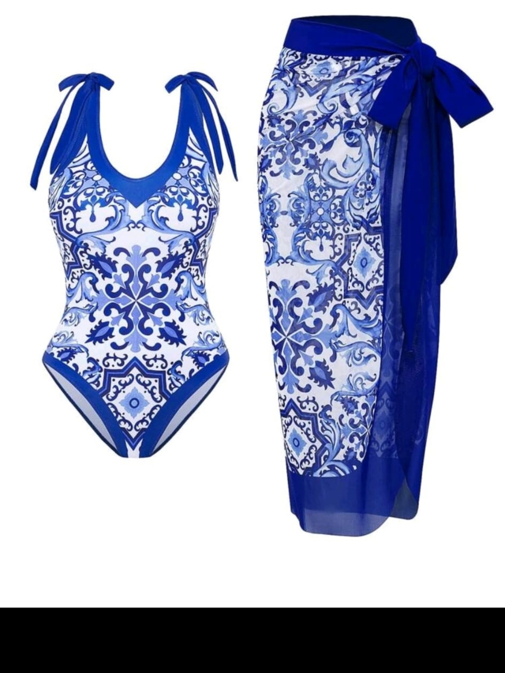 Blue Printed Tie-Shoulder One-Piece with Matching Sarong -